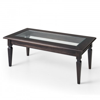 Tavolino con vetro e gambe a spillo in legno massello