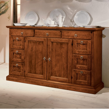 Credenzina 2 ante 9 cassetti, cornice zoccolo legno