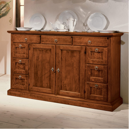 Credenzina 2 ante 9 cassetti, cornice zoccolo legno