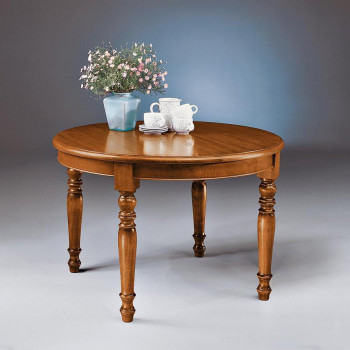 Tavolo rotondo allungabile in legno massello di pioppo, dettaglio del piano