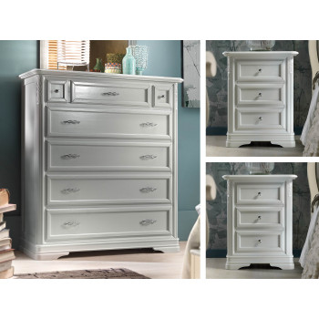 Gruppo notte comò con ribalta, dettagli intagliati