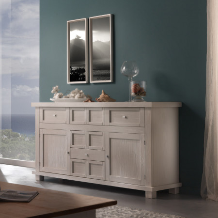 Credenza natura con 2 ante 5 cassetti in legno chiaro