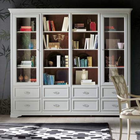 Libreria classica in legno con cassetti e ante vetro intagliate