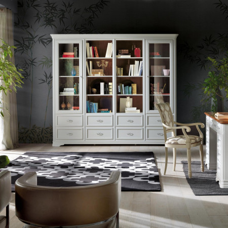 Libreria classica in legno con ante vetro e cassetti