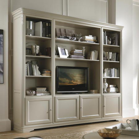 Mobile classico porta TV, dettagli intagliati, librerie