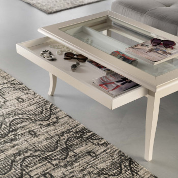 Tavolino rettangolare a bacheca con cassetto e vetro