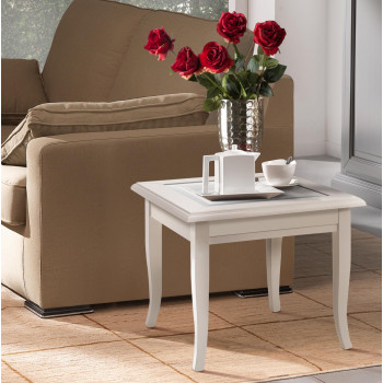 Tavolino quadrato a bacheca, piano in vetro, stile classico