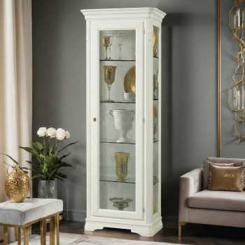 Vetrina seicento 1 anta quattro ripiani, dettagli intagliati