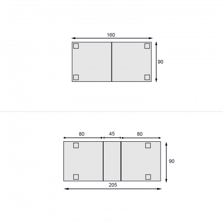 Tavolo allungabile 160x90 a 205x90, schema misure