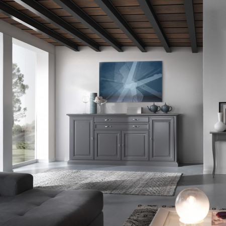 Credenza settecento 4 ante 2 cassetti, dettaglio verniciatura grigio