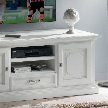 Dettaglio porta tv settecento, legno di noce bianco