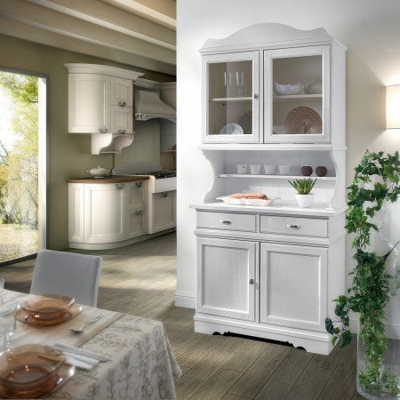 Credenza country con vetrina, ante in legno e cristallo