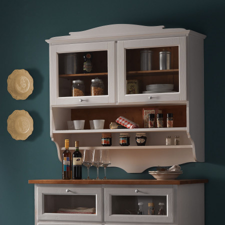 Mobile cucina con pensile, ante vetro e ripiani in legno