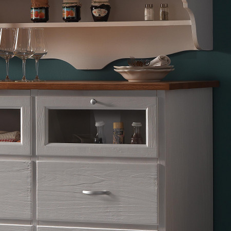 Mobile cucina con cassetti in vetro, dettaglio del legno