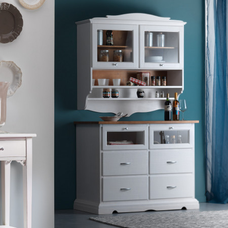 Mobile cucina con cassetti in vetro, finitura legno chiaro