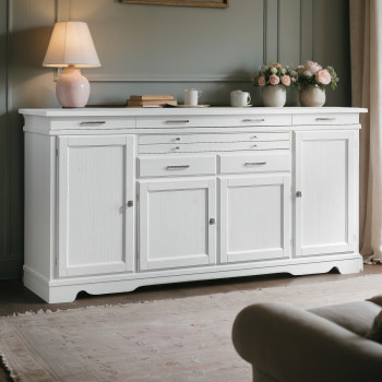 Credenza country 4 porte 7 cassetti in legno massello bianco