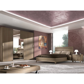Camera da letto Manhattan con armadio a specchio e letto in legno