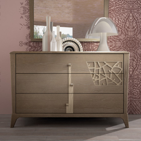 Comò contemporaneo con 3 cassetti e traforo in legno