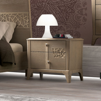 Comodino contemporaneo con 2 cassetti e traforo in legno di frassino