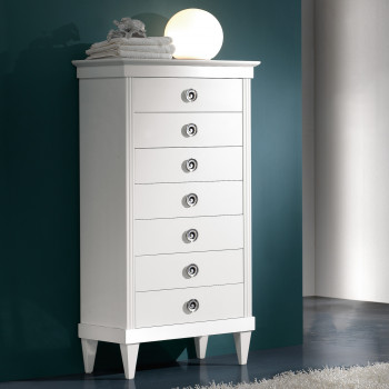 Cassettiera 7 cassetti decor bianca, piedi a spillo