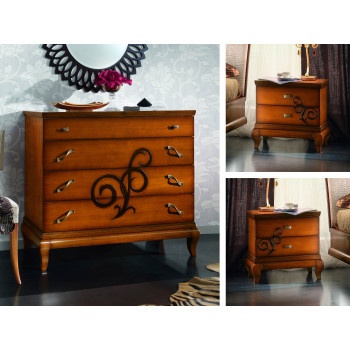 Gruppo comò e 2 comodini con rilievi e gambe sagomate