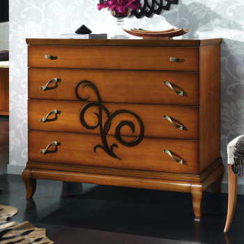 Comò 4 cassetti con decoro in rilievo e gambe sagomate