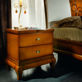 Comodino 2 cassetti lisci, legno noce, gambe sagomate