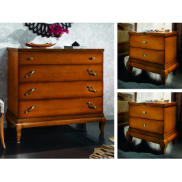 Comodino 2 cassetti lisci, legno noce, gambe sagomate