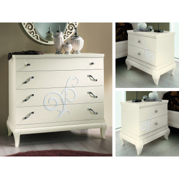 Gruppo comò e comodini con rilievi e gambe sagomate