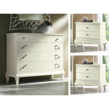 Gruppo comò e comodini lisci con gambe sagomate