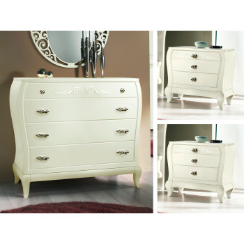 Comò con rilievi, gambe sagomate, legno chiaro