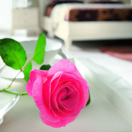 Camera da letto con testata traforata e rosa decorativa