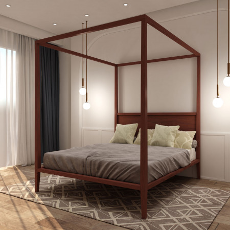 Letto a baldacchino con testata in legno di tiglio