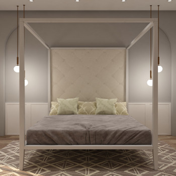 Letto a baldacchino king size con testata capitonnè, legno di tiglio
