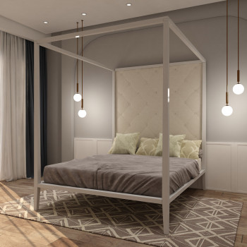 Letto a baldacchino con testata capitonnè in legno
