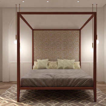 Letto king size a baldacchino, dettaglio testata damascata