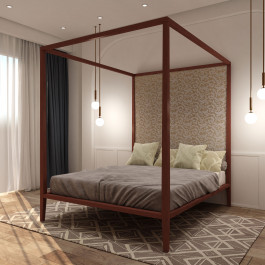 Letto a baldacchino con testata capitonnè in legno
