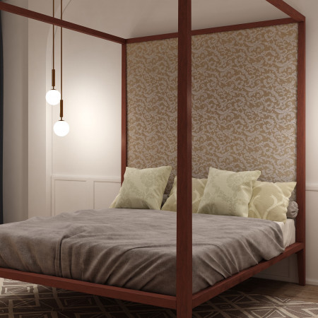 Letto a baldacchino testata imbottita damascata, esploso