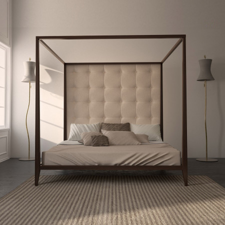 Letto a baldacchino moderno in legno di tiglio con testata imbottita