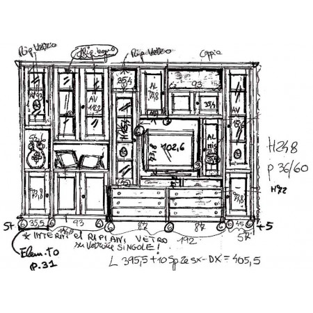 Disegno tecnico della scrivania con tiretti e dettagli architettonici