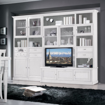 Parete attrezzata con piccolo scrittoio e ante in vetro