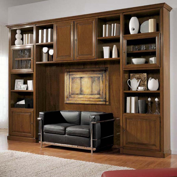 Parete attrezzata a ponte con boiserie, legno massello, libreria a