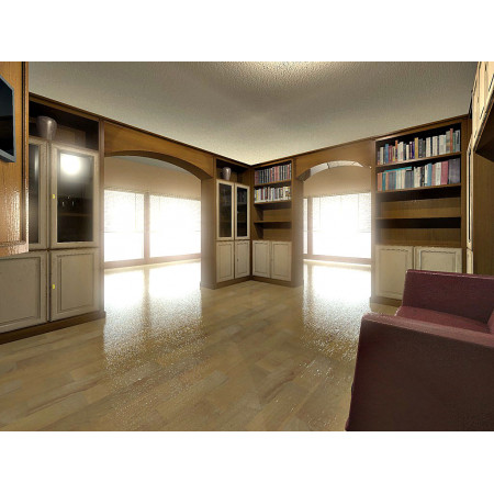Parete attrezzata a ponte con boiserie e libreria