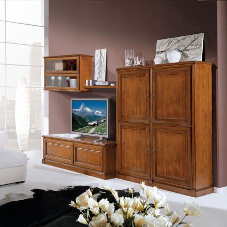 Parete attrezzata a moduli in legno con ante in vetro