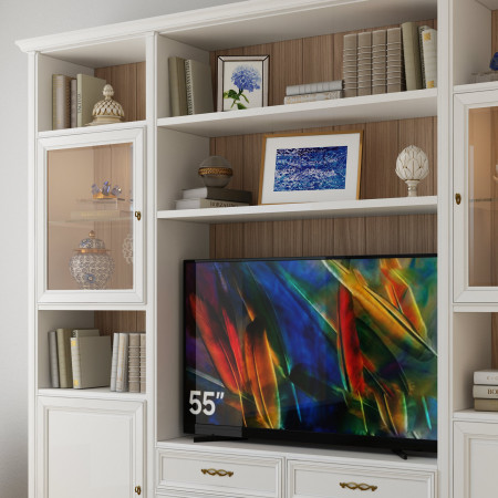 Mobile porta TV su misura con vetrinette, dettaglio scaffali