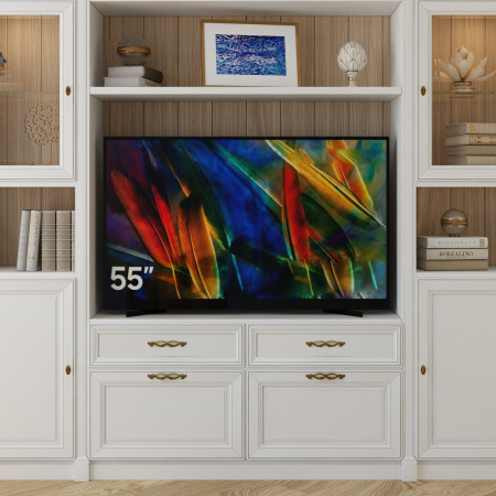 Mobile porta TV su misura con vetrinette, dettaglio legno