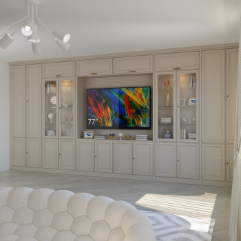 Parete da soggiorno in legno classico con TV 77 pollici