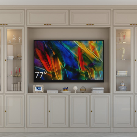 Parete da soggiorno su misura legno, TV 77 pollici