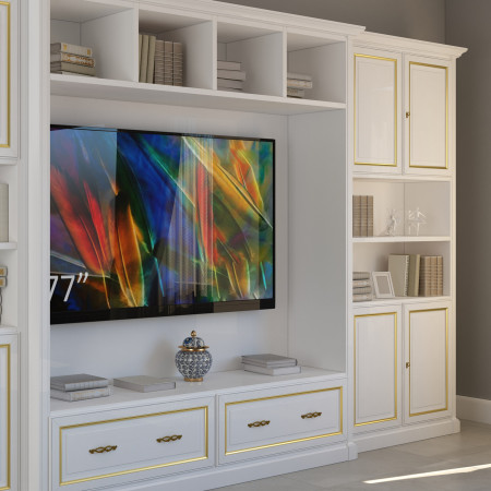 Parete attrezzata porta TV con dettagli in oro