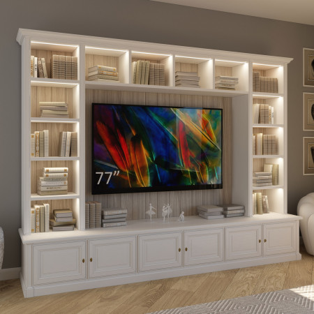 Mobile da soggiorno con luci LED e TV integrata, dettaglio scaffalatura